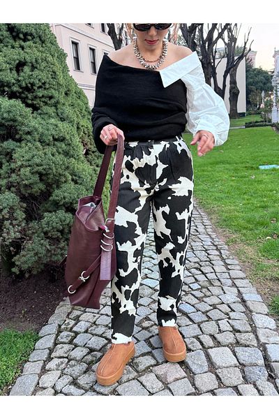 Bak'ap Pantaloni Mom Jean cu talie înaltă cu model de vacă