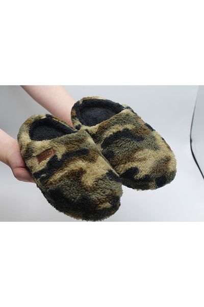 fluffy Ανδρικές παντόφλες για το σπίτι με στάμπα Fleece καρό/καμουφλάζ, βελούδινο εσωτερικό, χοντρή και αντιολισθητική σόλα