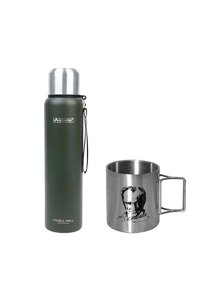 Orcamp Green Steel Thermos - 1 Lt, Out-5050 Folding Handle, Ataturk 180 ml Mug