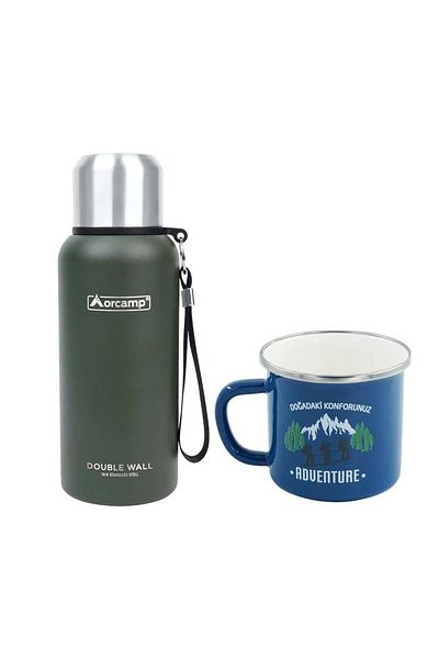 Orcamp Green Steel Thermos - 0.50 Lt, Out-5000 Enamel Adventure, 180 ml Mug, Blue Orc-066-B-M1