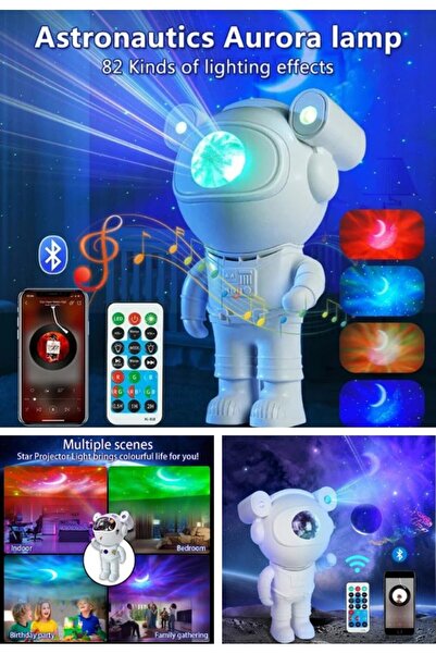 Deco Elit Yeni Nesil Bluetooth Hoparlörlü Astronot Yıldız Gezegen Projektörü Kumandalı Gece Lambası Büyük Boy