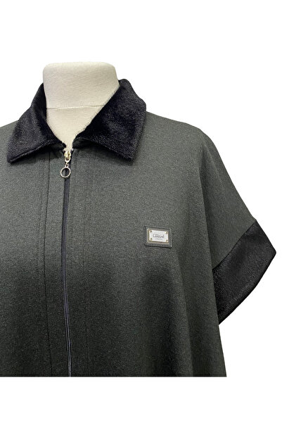 Giyinen Mağazaları Plus Size Zippered Anthracite Shirt Collar Steel Mesh Poncho