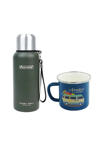 Orcamp Green Steel Thermos - 0.50 Lt, Out-5000 Enameled Caravan, 180 ml Mug, Blue Orc-066-B-M3
