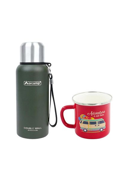 Orcamp Green Steel Thermos - 0.50 Lt, Out-5000 Enameled Caravan, 180 ml Mug, Red Orc-066-B-K3