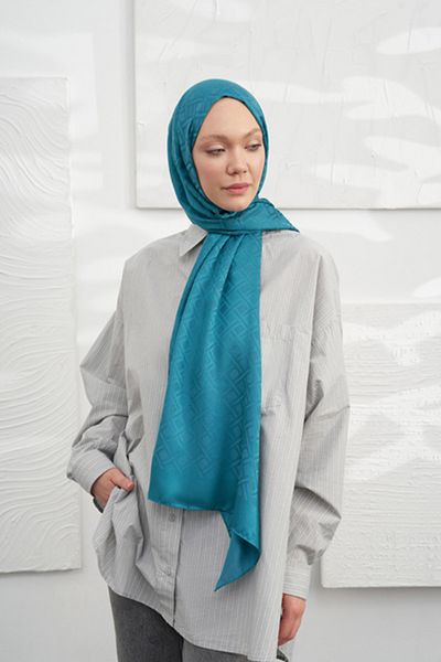 ARMANDA ŞAL ITALIAN JACQUARD CU MODEL GEOMETRIC - ALBASTRU PETROL