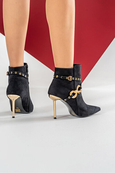UĞURÖKÇE KADIN SİYAH SÜET TOKA DETAYLI İNCE TOPUK STİLETTO BOT