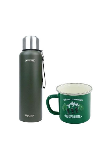 Orcamp Green Steel Thermos - 1.5 Lt Adventure 180 ml Enameled Mug, Out-1900