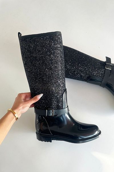 wolk shoes Women's Berlin Rain Boots - Silvery Black with Belt Detail