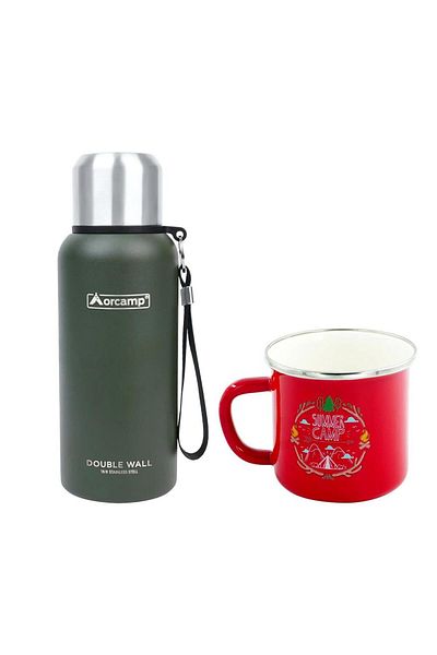 Orcamp Green Steel Thermos - 0.50 Lt, 180 Ml, Red Orc-066-B-K4, Summer Enamel