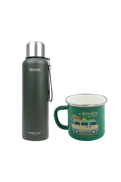 Orcamp Steel Thermos 1.5 Lt Green Out-5100 Enameled Caravan 180 ml Mug Out-1900 Green Orc-069-B-Y3