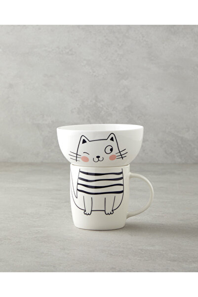 English Home Mingle Catty New Bone China Mug with Bowl 360 Ml-13 cm Black - White