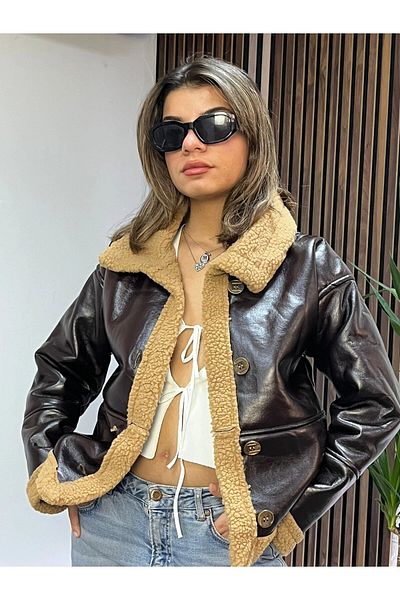 hazelin Bitter Brown Faux Leather Women's Coat with Fur Inside and Buttons Hzl23W-Brc 129331