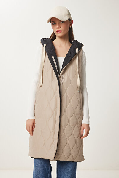 Lovelyİstanbul Double Sided Hooded Puffer Vest - Black Beige Lnt0009