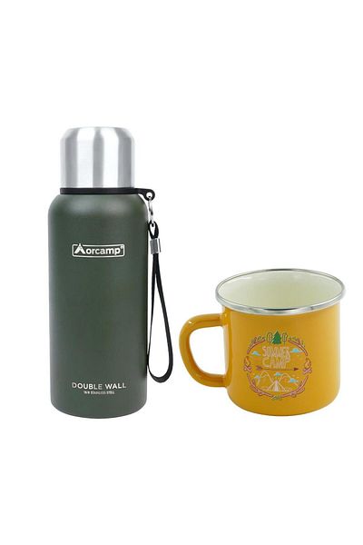 Orcamp Green Steel Thermos - 0.50 Lt, Summer 180 ml Mug, Yellow Orc-066-B-S4