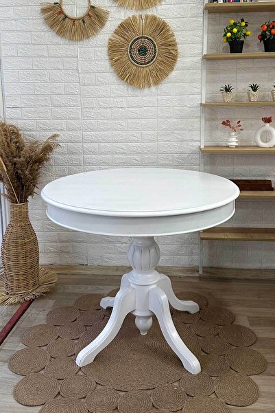 Reyo 100cm Açılır Yuvarlak Baba Ayaklı Yemek Masası, Mutfak Masası Mat Beyaz