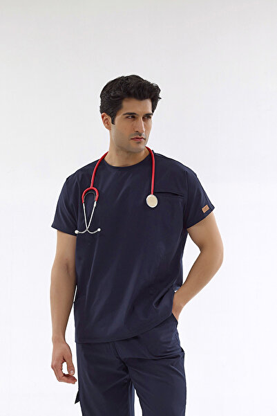 Brl Üniforma قميص طبيب وممرضة من الليكرا باللون الأزرق الداكن برقبة دائرية - ...