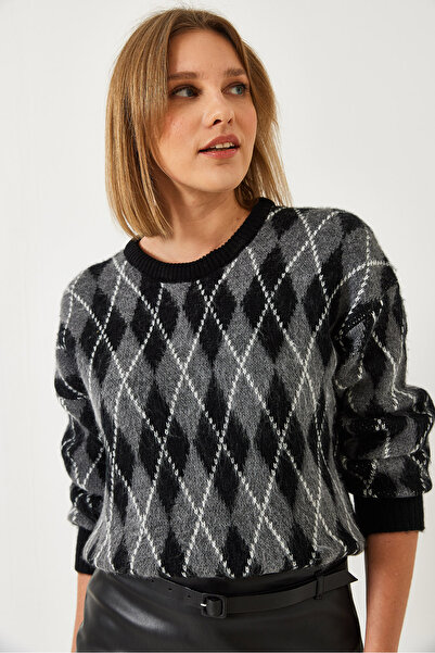 Bianco Lucci Women's Diamond Patterned Raised Knitwear Sweater 60351320