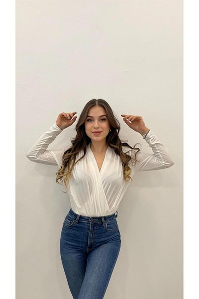 MODA Women's White Double Breasted Shoulder Drape Detail Bodysuit with Bottom Bodysuit