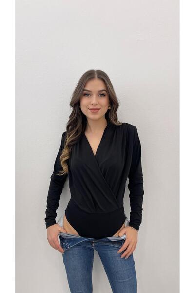 MODA Дамски черен боди с двойно закопчаване, драпирана талия и детайли с копчета в долната част