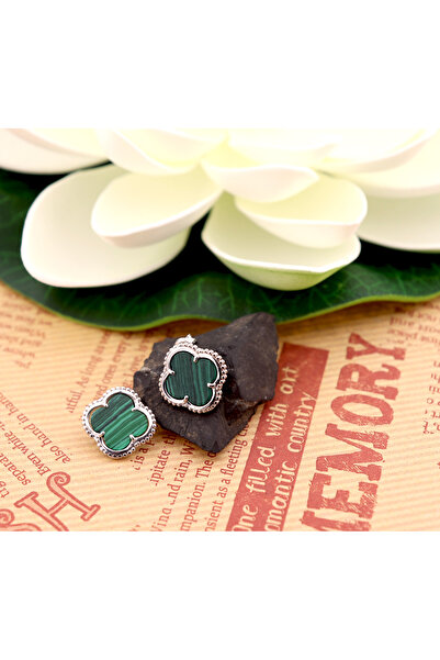 Silveranka 925 Ayar Gümüş Malahit Taşlı Yonca Küpe