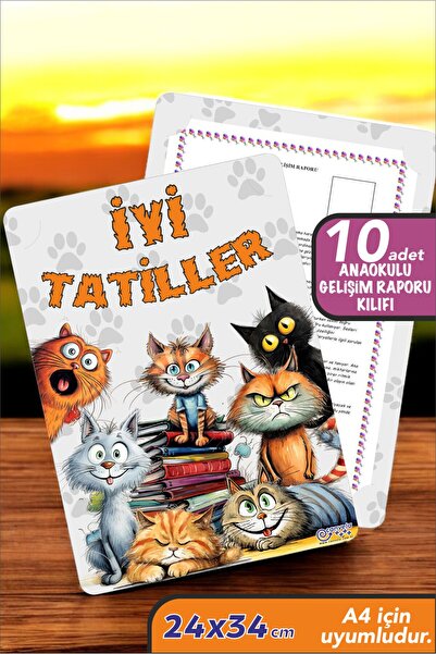 İstisna 10 Adet Kedi Temalı A4 Anaokulu Karne Kılıfı Kabı Karne Süsleme 24x34