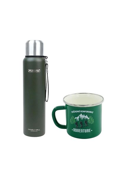 Orcamp Green Steel Thermos - 1 Lt, Out-5050 Enamel, Adventure 180 ml Mug, Out-1900 Green Orc-068-B-Y1