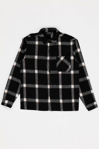 For You Man Oversize Plaid Single Pocket Black Lumberjack Shirt