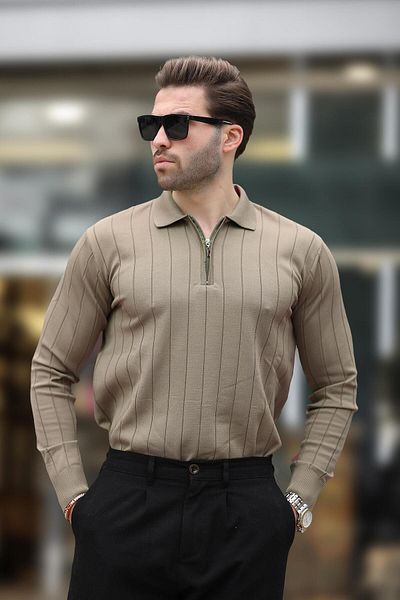 Madmext Light Brown Polo Neck Zippered Knitted Sweater 7242