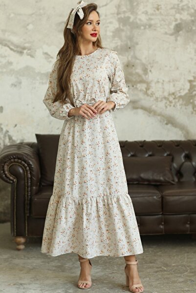 KÜÇÜĞÜM BUTİK Χιτζάμπ Κρέμα Μοτίβο Μικρό Φόρεμα με λουλούδια