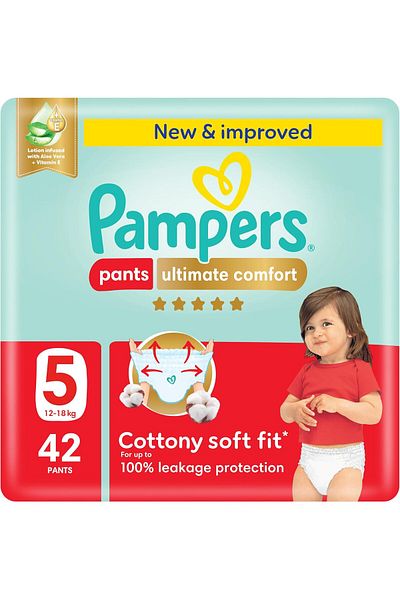 Pampers Ultimate Comfort Pants Diapers, Size 5, 12-18kg,  Aloe Vera and Vitamin E, 42 Count
