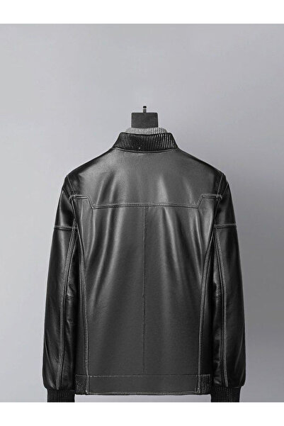 Defelli Erkek Siyah Magenta Hakiki Deri Mont-Ceket