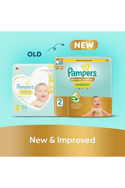 Pampers Ultimate Comfort Taped Diapers, Size 2, 3-8kg,  Aloe Vera and Vitamin E, 46 Count