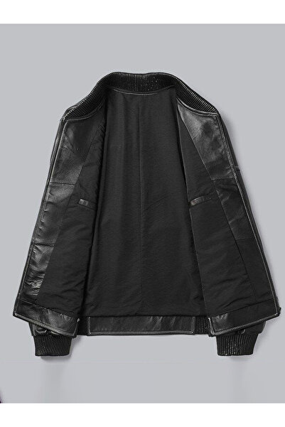 Defelli Erkek Siyah Magenta Hakiki Deri Mont-Ceket