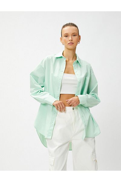 Koton Βαμβακερό πουκάμισο Oversize Ποπλίνα Τσέπη