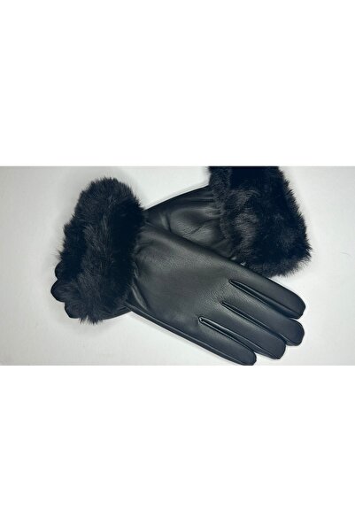 Mollycrush Kadın Siyah Kürk Detaylı Deri Eldiven | Mevsimlik Kumaş