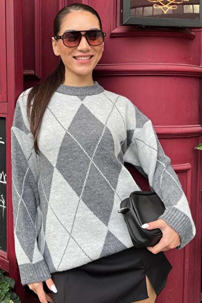 Madmext Antrasit Baklava Desen Kadın Triko Kazak MG2190