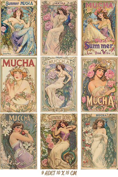 Taranist Χάρτινη αφίσα 9 τμχ 10x15cm Alfonso Mucha Αφίσα Γυναίκα με λουλούδια