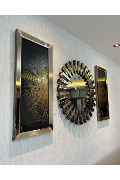 Armoni 3’LÜ BRONZ AYNALI PİYANO SAAT VE TABLOLAR SET(65*65CM SAAT 30*70 CM TABLOLAR)