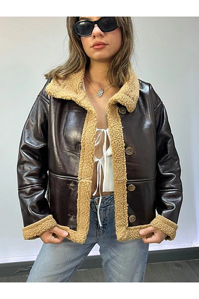 hazelin Women's Bitter Brown Faux Fur Leather Coat - Front Button Hzl23W-Brc 129311