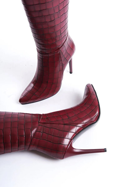 Shoesers Kadın Özel Tasarım Sivri Burunlu Yarım Fermuarlı İnce Yüksek Topuklu Krokodil Çizme