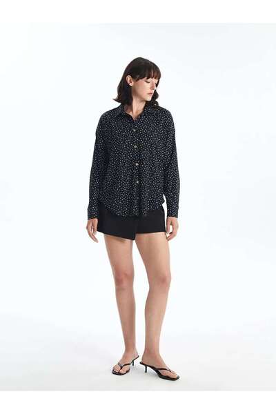 LC Waikiki LCW Vision Siyah Desenli Uzun Kollu Oversize Kadın Gömlek