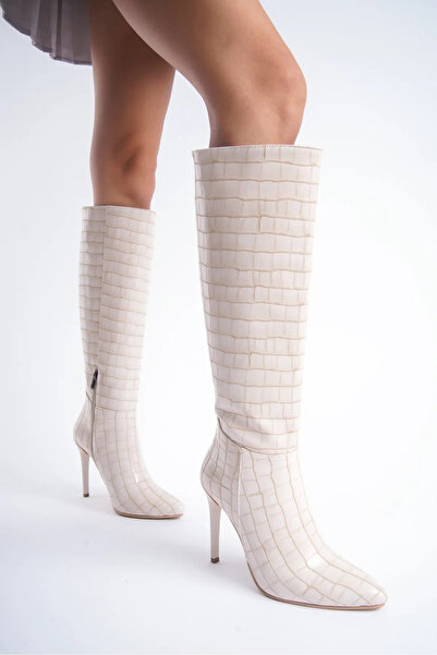 Shoesers Cizme crocodil subțiri cu toc înalt pentru femei, cu design special, cu vârf ascuțit, cu jumătate de fermoar