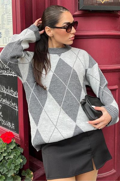 Madmext Anthracite Diamond Pattern Women's Knitwear Sweater Mg2190