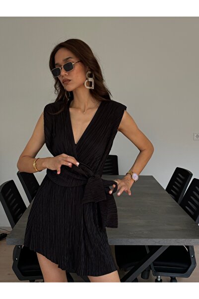 Azimutgiyim فستان نسائي أسود أنيق مبطن بطيات مزدوجة الصدر