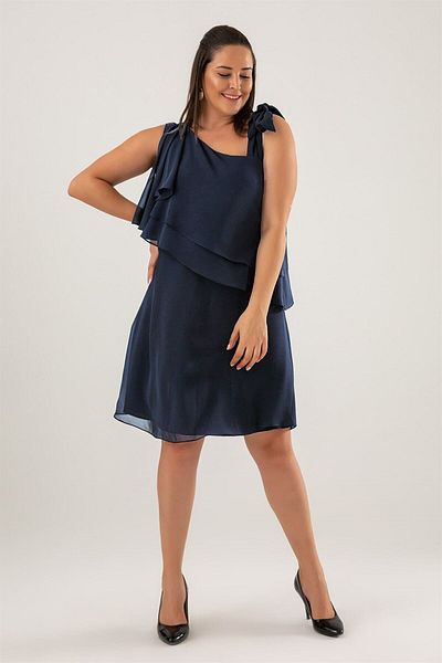 thezkscom WOMEN'S NAVY BLUE ONE SHOULDER TIE CHIFFON LARGE SIZE DRESS
