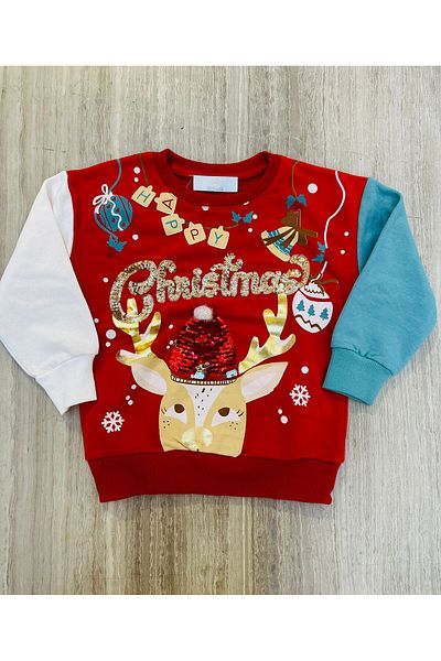 2Friends Happy Christmas Printed Sequined Red Christmas Sweater