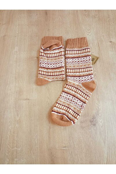 ENEFENDİ Зимни меки и топли дамски чорапи с етнически мотиви, подплатени с флис, памучни, кафеви, бели чорапи