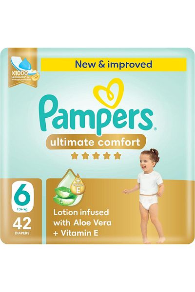 Pampers Ultimate Comfort Taped Diapers, Size 6, 13+kg,  Aloe Vera and Vitamin E, 42 Count