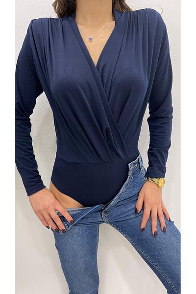 MODA Women's Navy Blue Double Breasted Shoulder Dress Detail Bodysuit with Bottom Bodysuit