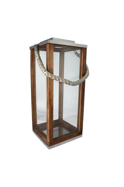 SERENE Elegant Modern Design Stainless Steel Wood and Glass Lantern with Rope